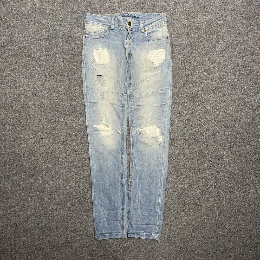 Fishbone Womens Distressed Light Wash Skinny Jeans Ripped Details Mid-Rise 27